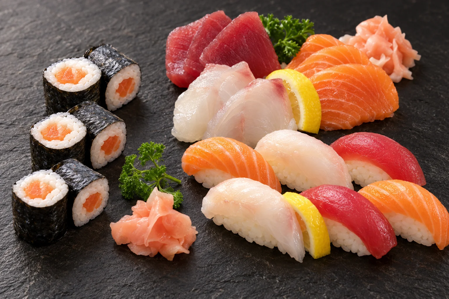 SA4 : sushi, makis et sashimi sur une ardoise sombre.