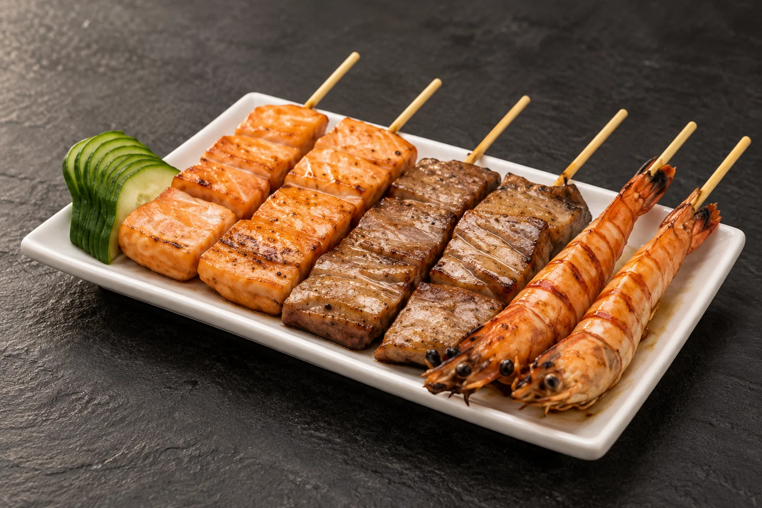B3 : brochettes sur une assiette rectangulaire blanche, ardoise sombre.