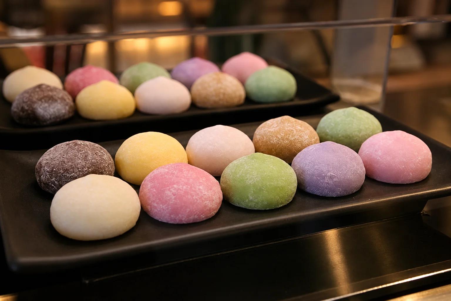 mochi glace sur deux plateaux noirs, lumière tamisée.