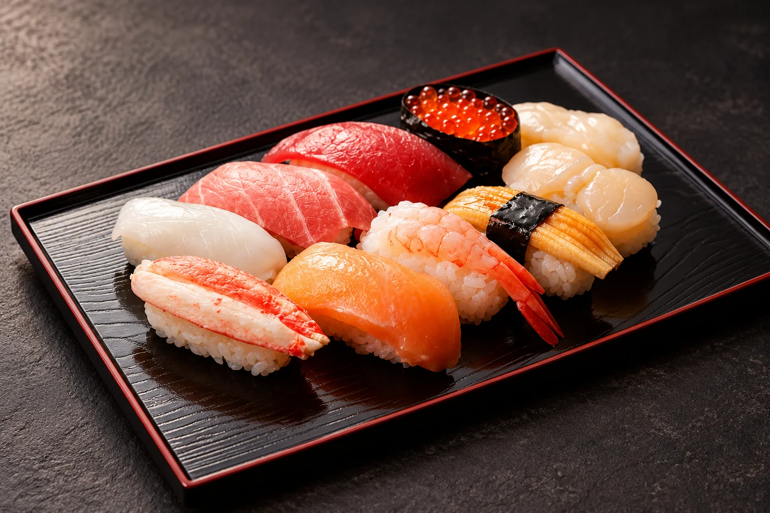 Sushi assortis sur un plateau laqué noir à bord rouge, fond sombre.