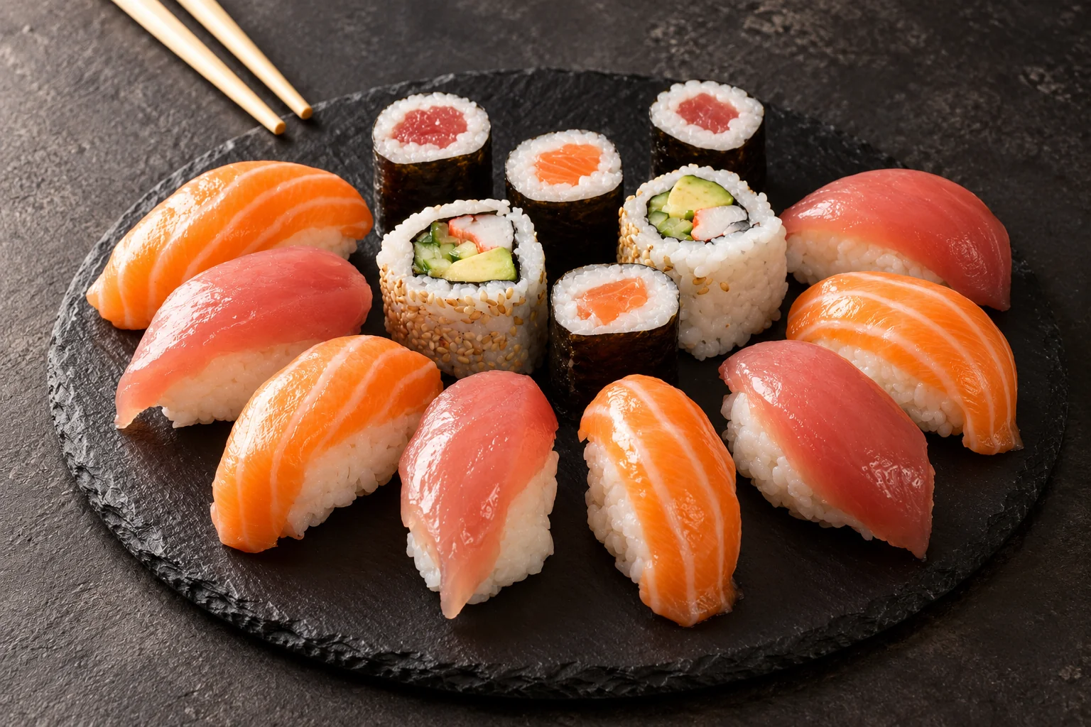 Sushi saumon et thon, makis et california sur une ardoise sombre.