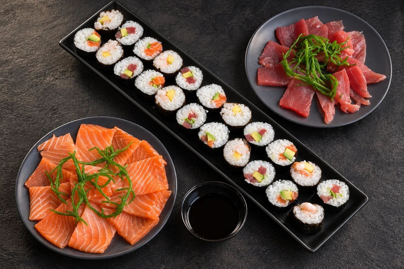Makis sur un plat rectangulaire, sashimi de saumon et de thon avec des algues, coupelle de sauce soja.