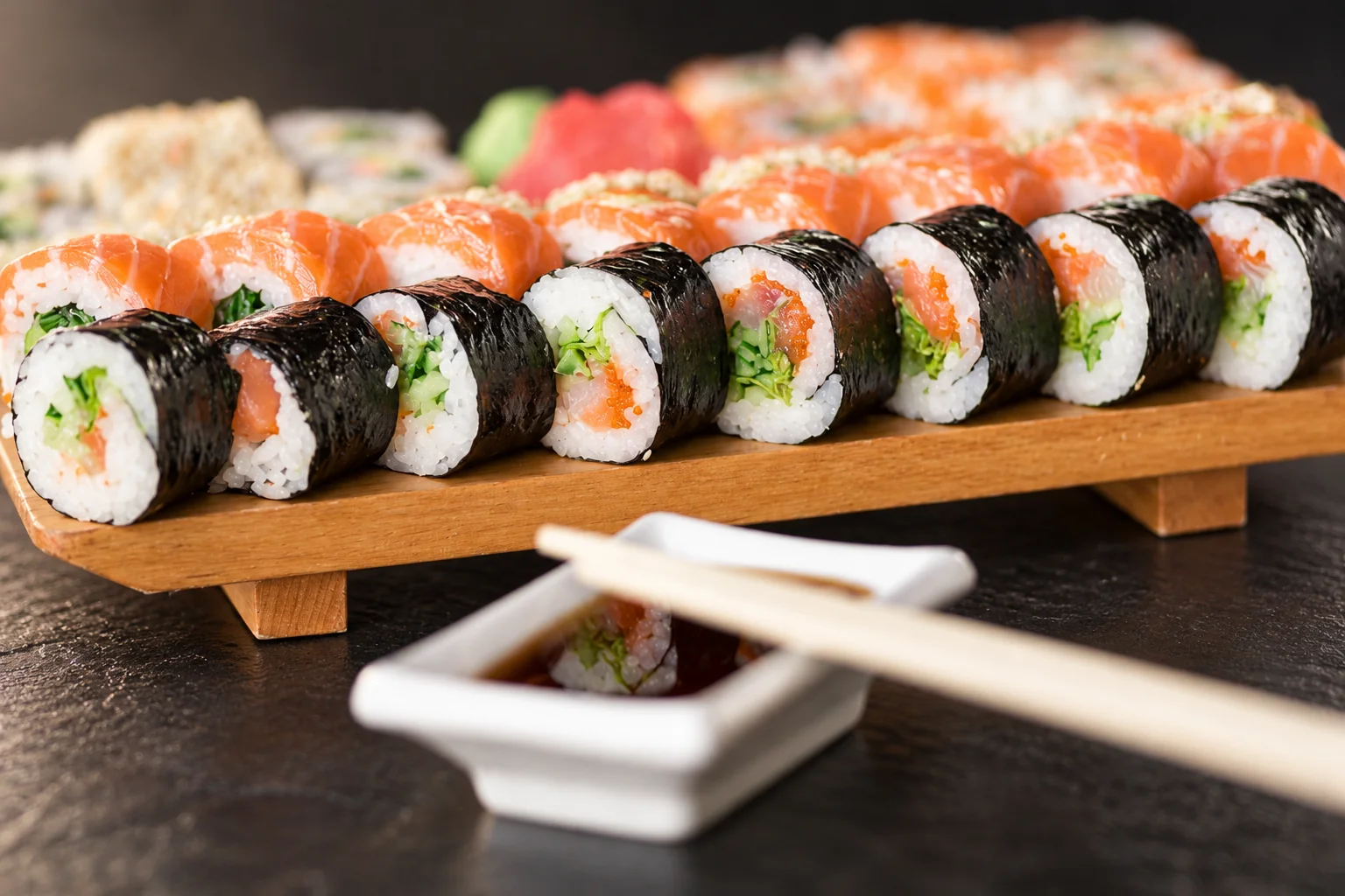 Makis sur une planche en bois, coupelle blanche de sauce soja et baguettes.